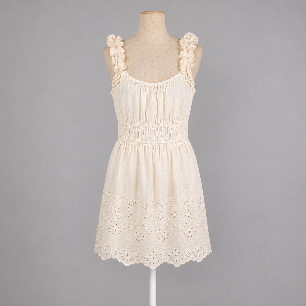 Eyelet Lace Babydoll Peasant Dress Size S Cream Ruffle Cottagecore Fairy Boho